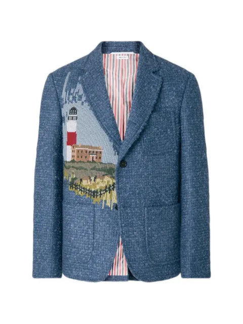 Thom Browne buckle tweed scenic lighthouse embroidery sportcoat