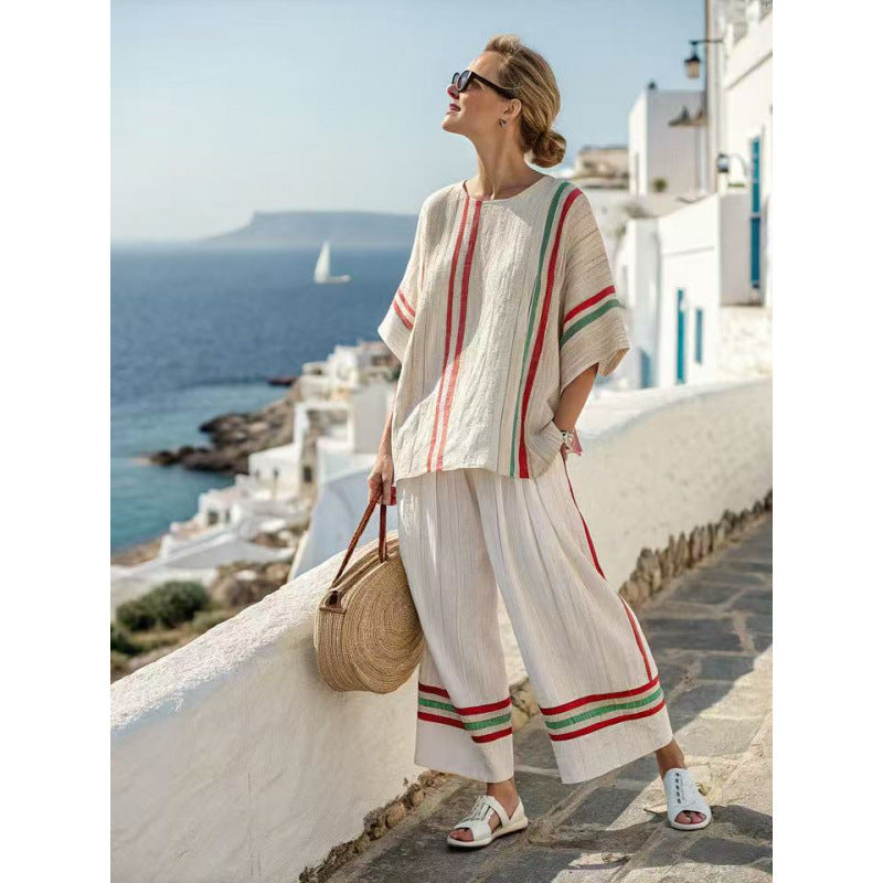 Women Boho Striped Print Round Neck Short Sleeve Wide Leg Beach Set