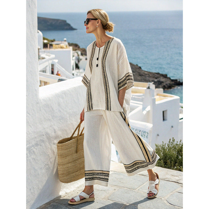 Women Boho Striped Print Round Neck Short Sleeve Wide Leg Beach Set