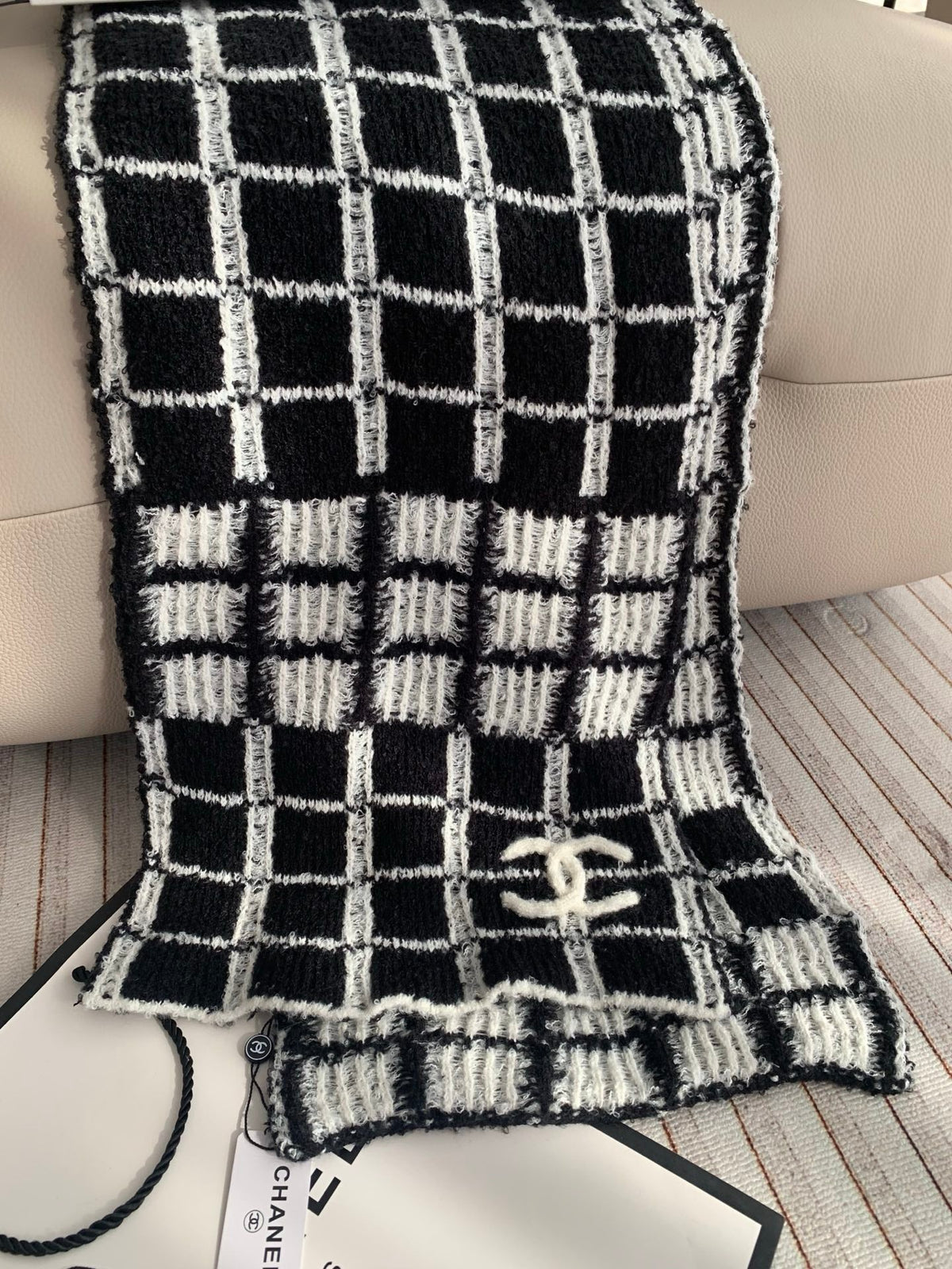 Chanel Style Fuzzy Windowpane Plaid Scarf