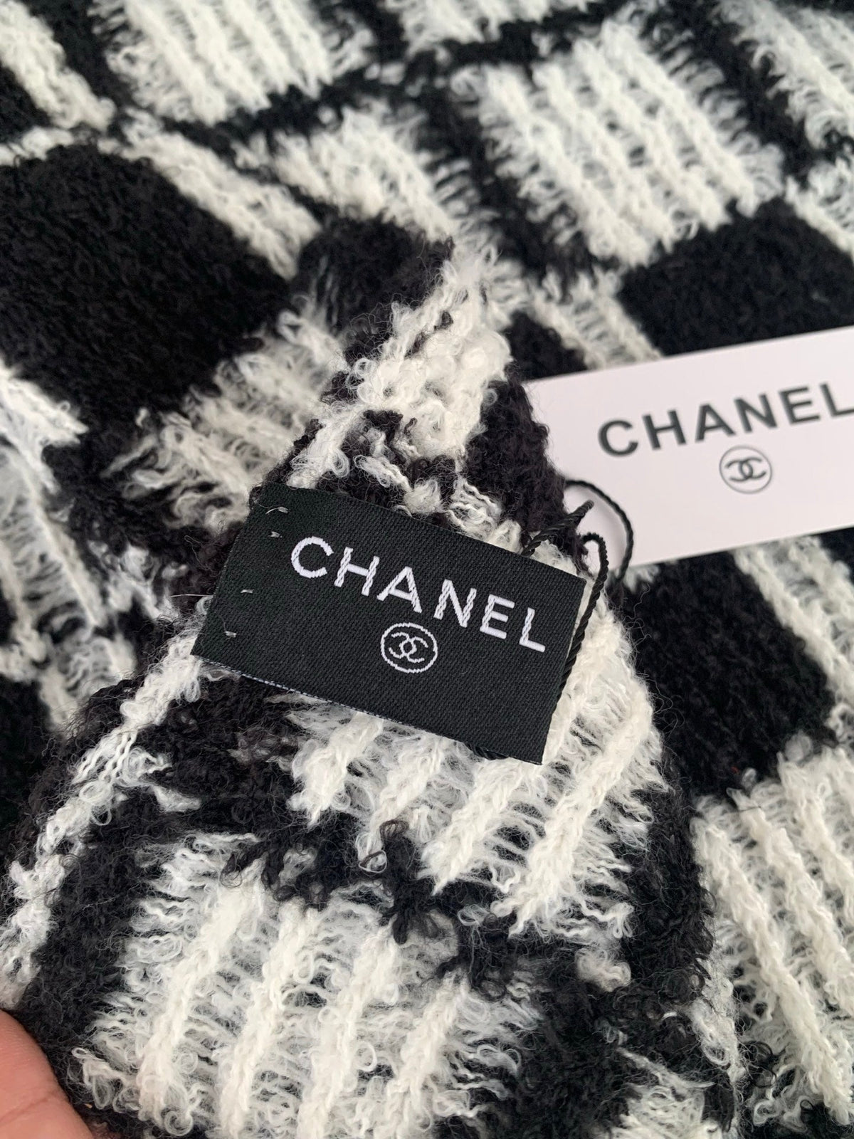 Chanel Style Fuzzy Windowpane Plaid Scarf