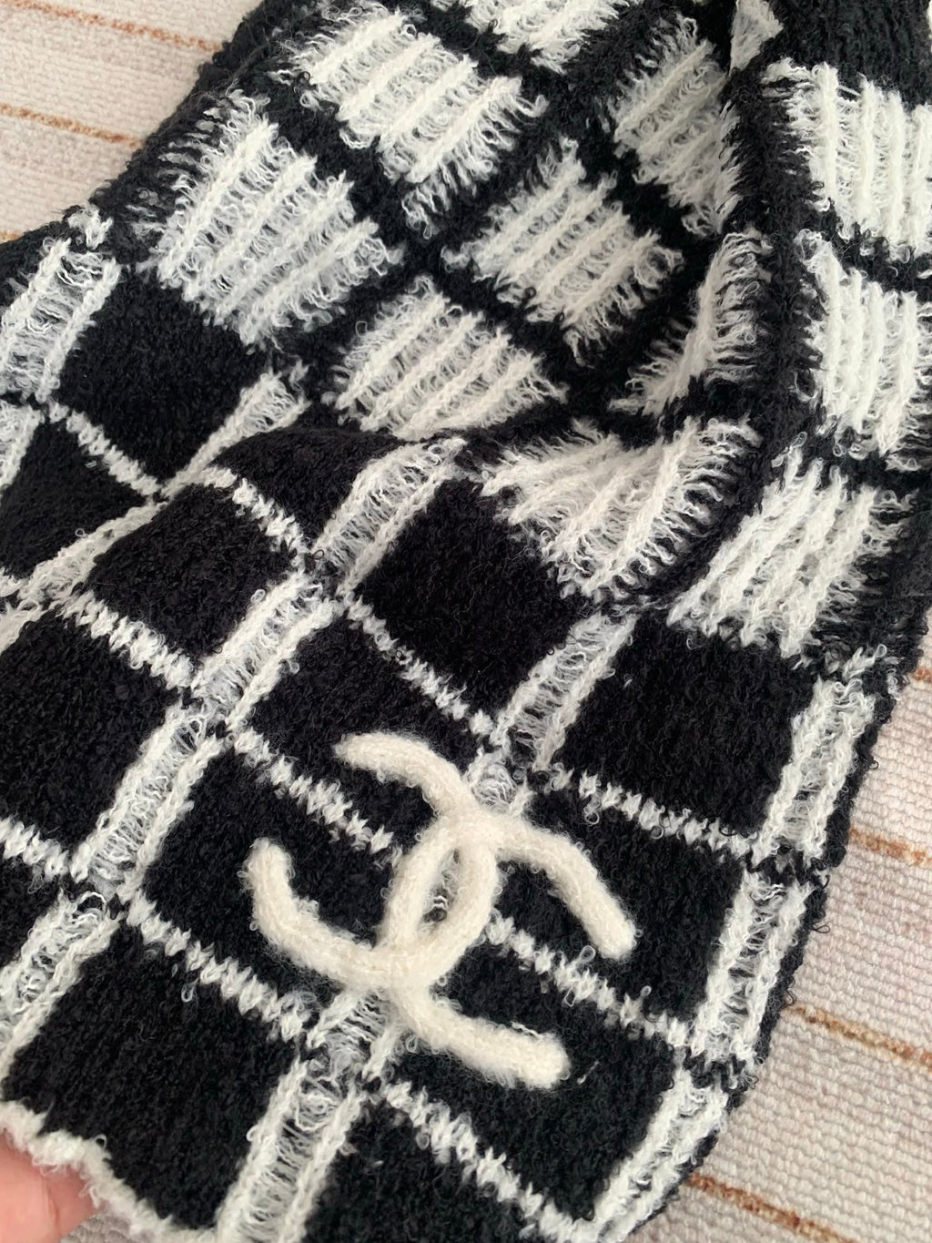 Chanel Style Fuzzy Windowpane Plaid Scarf