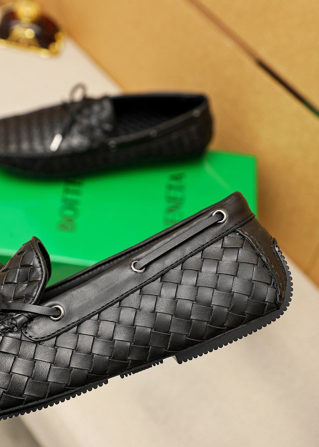 Bottega Veneta Black Woven Lace-Up Loafers
