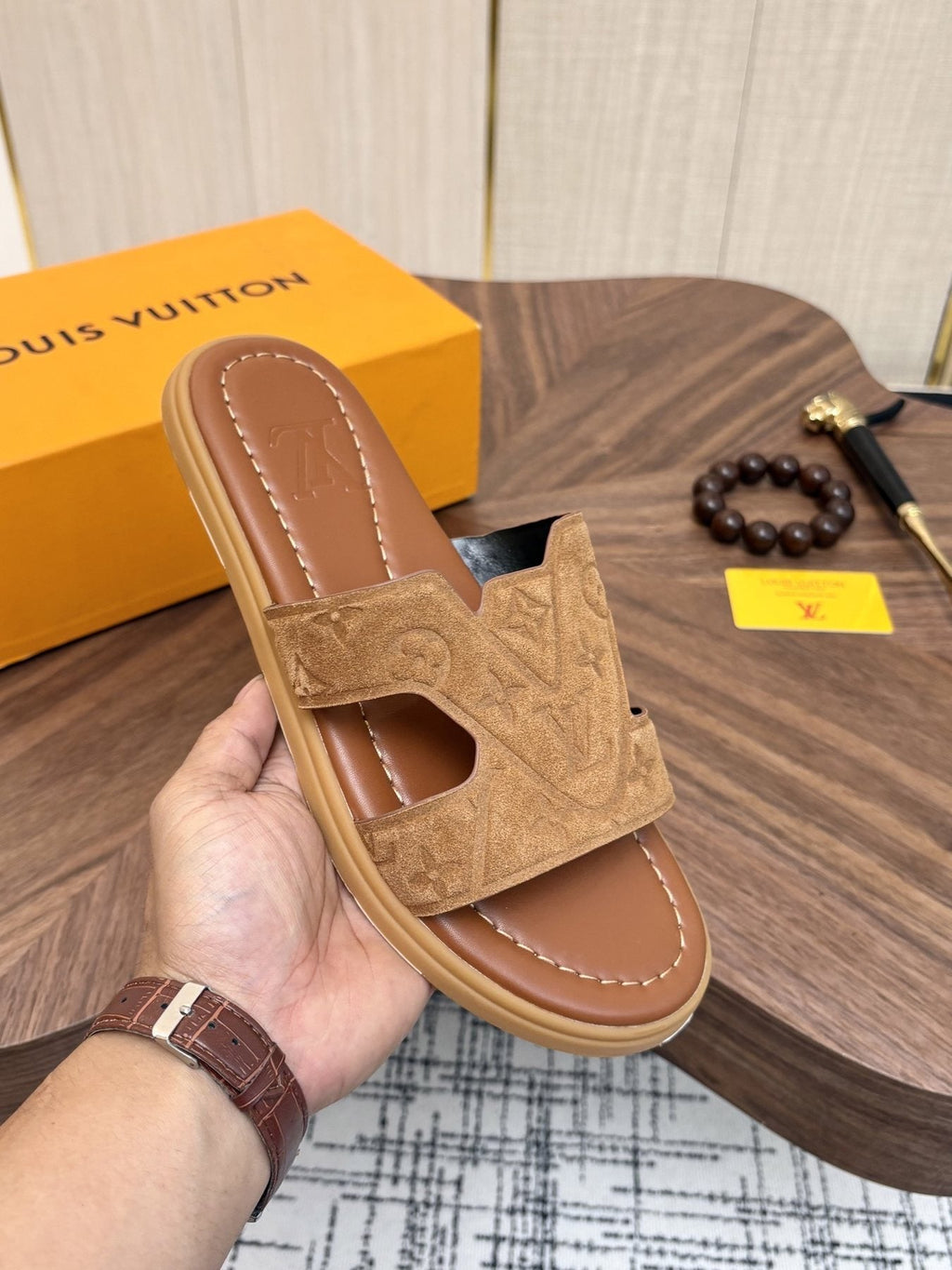 Louis Vuitton Tan Monogram Slide Sandals