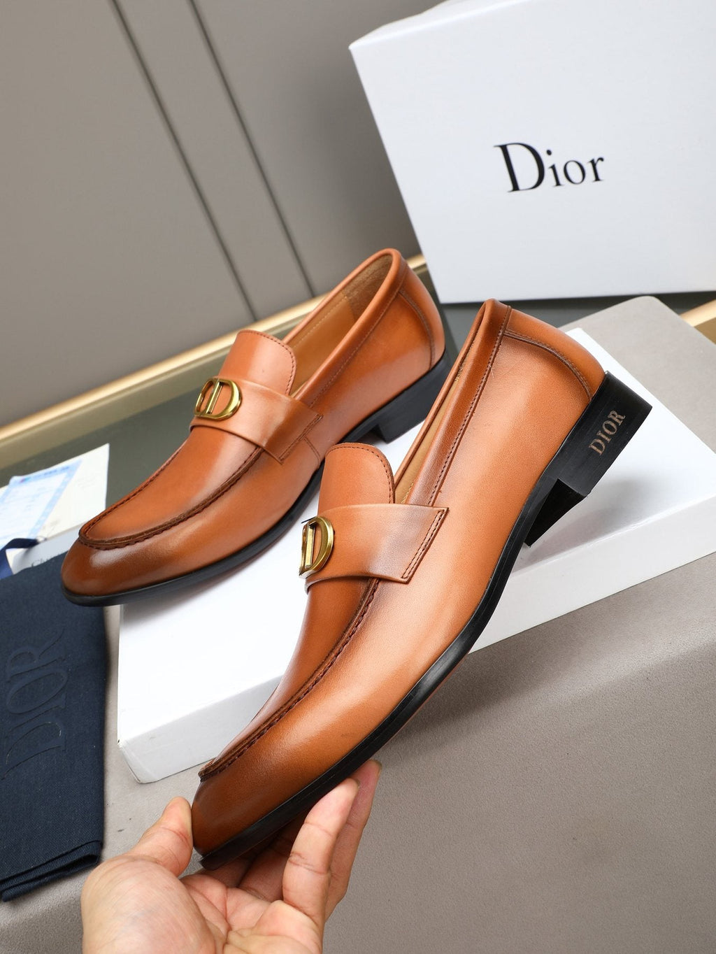 Dior Cognac Brown Gold-Hardware Loafers
