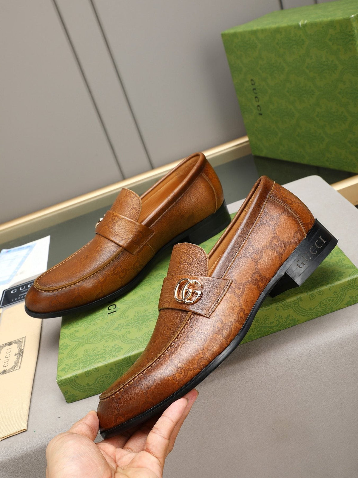 Gucci Brown Monogram Hardware Loafers