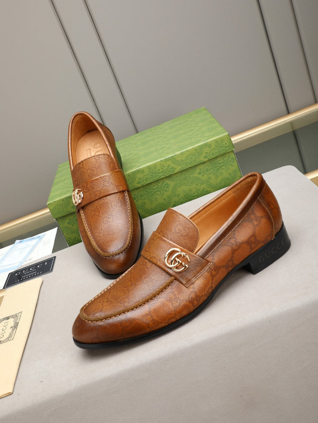 Gucci Brown Monogram Hardware Loafers