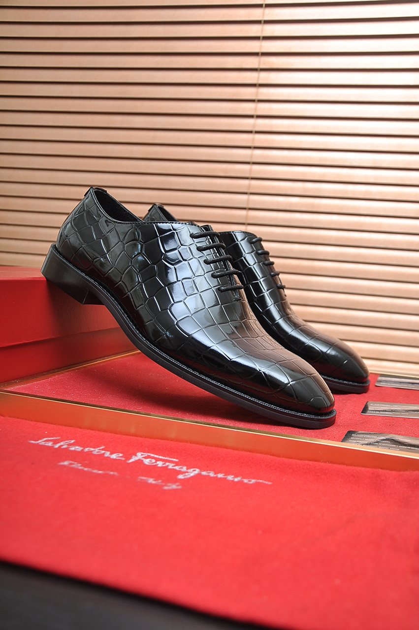 Ferragamo Black Embossed Lace-Up Dress Shoes