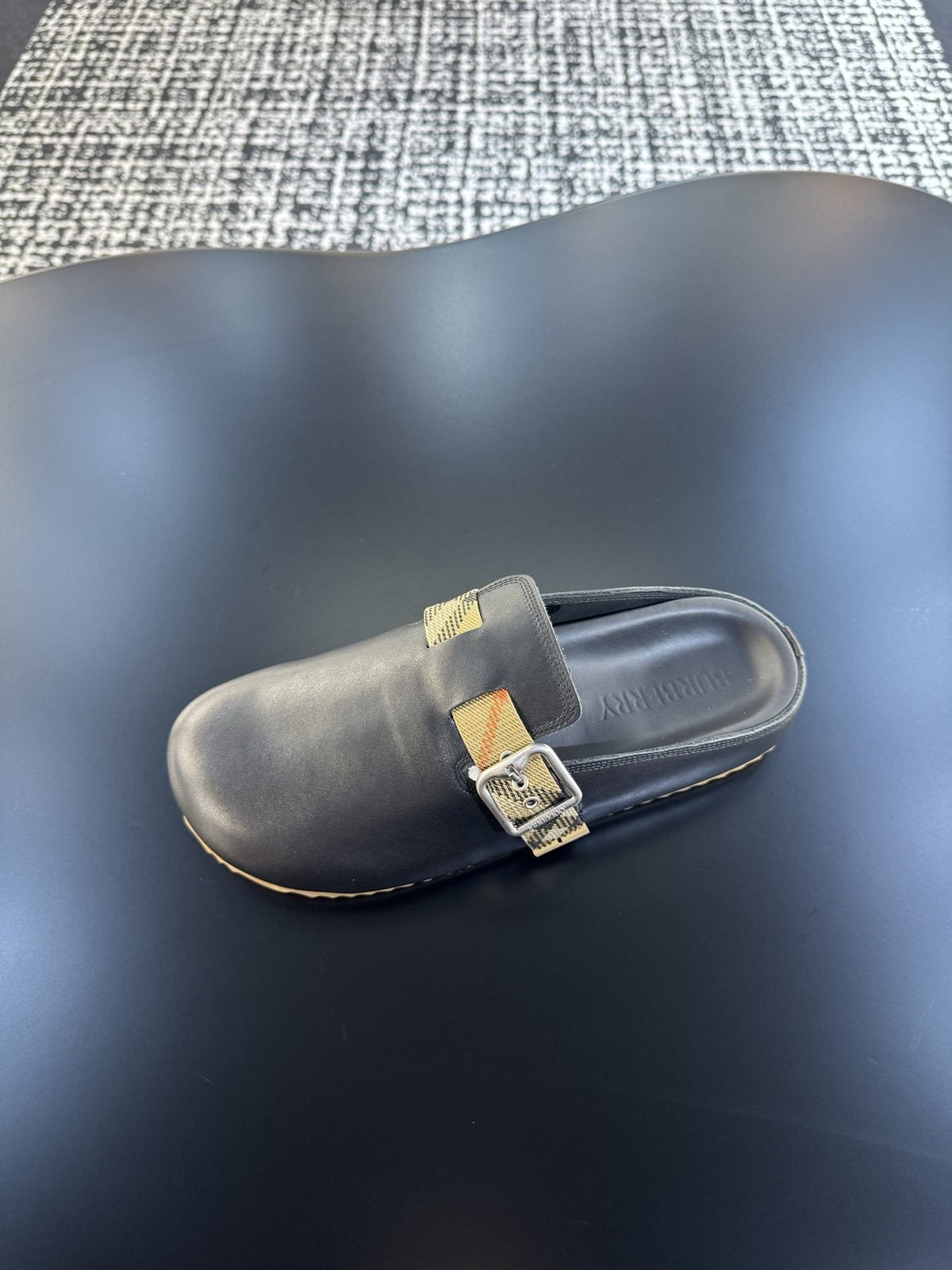 Burberry Men's Black Plaid Buckle Mule Sandals
