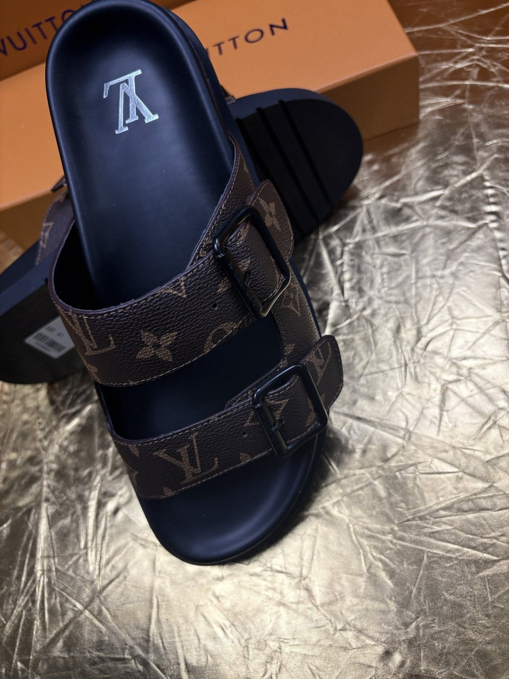 Louis Vuitton Monogram Double-Buckle Slide Sandals - Dark Brown and Black