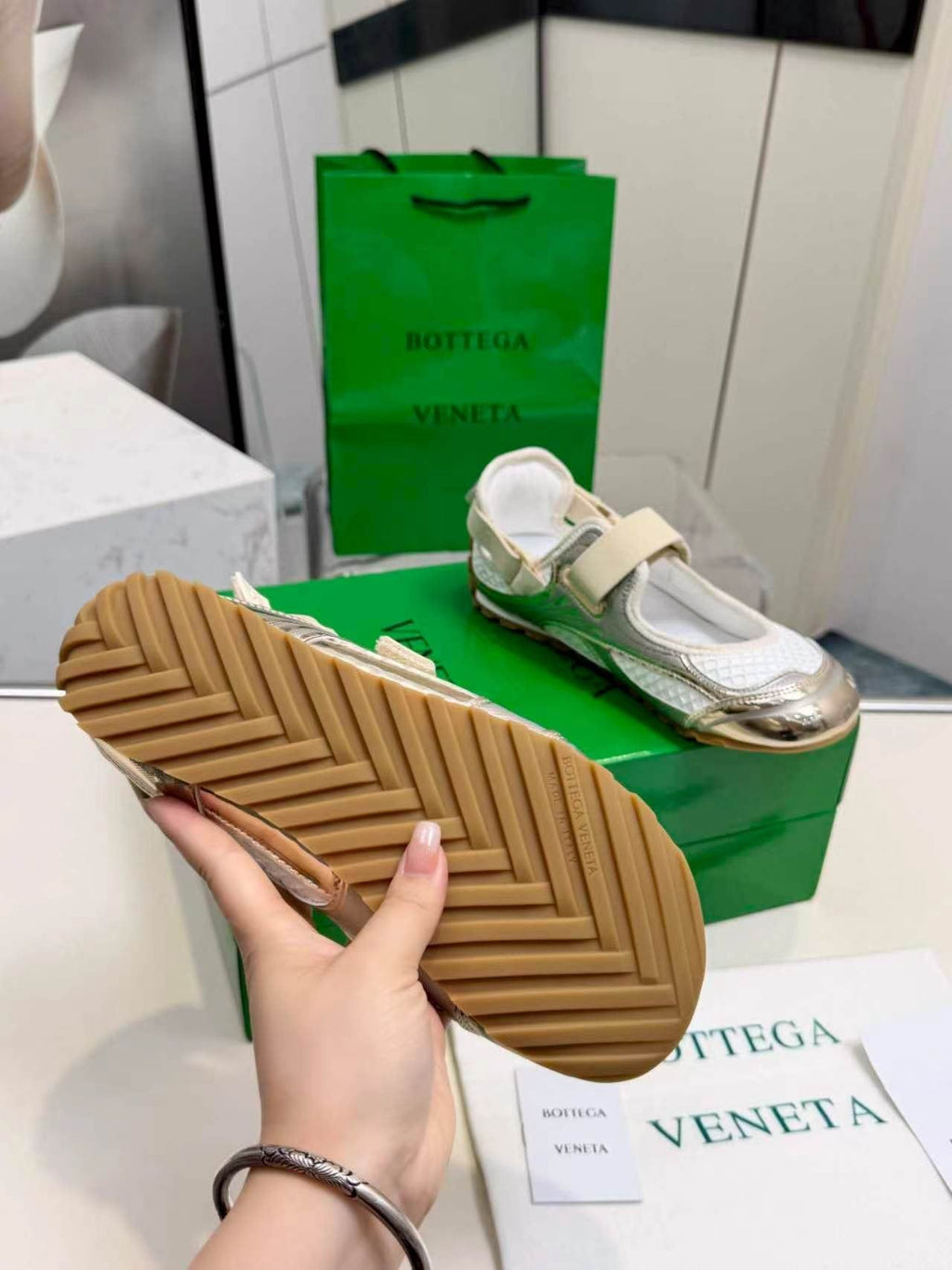 Bottega Veneta White & Silver Strap Low-Top Sneakers