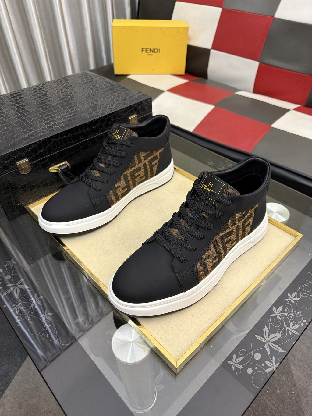 Fendi Patterned-Panel Lace-Up Sneakers