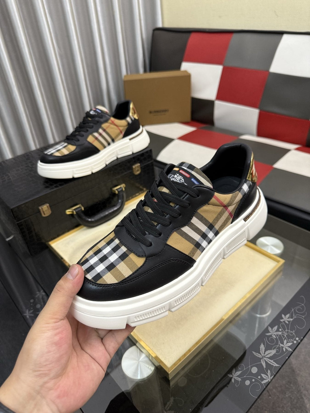 Burberry Men's Plaid Panel Sneakers - Layered Upper Details