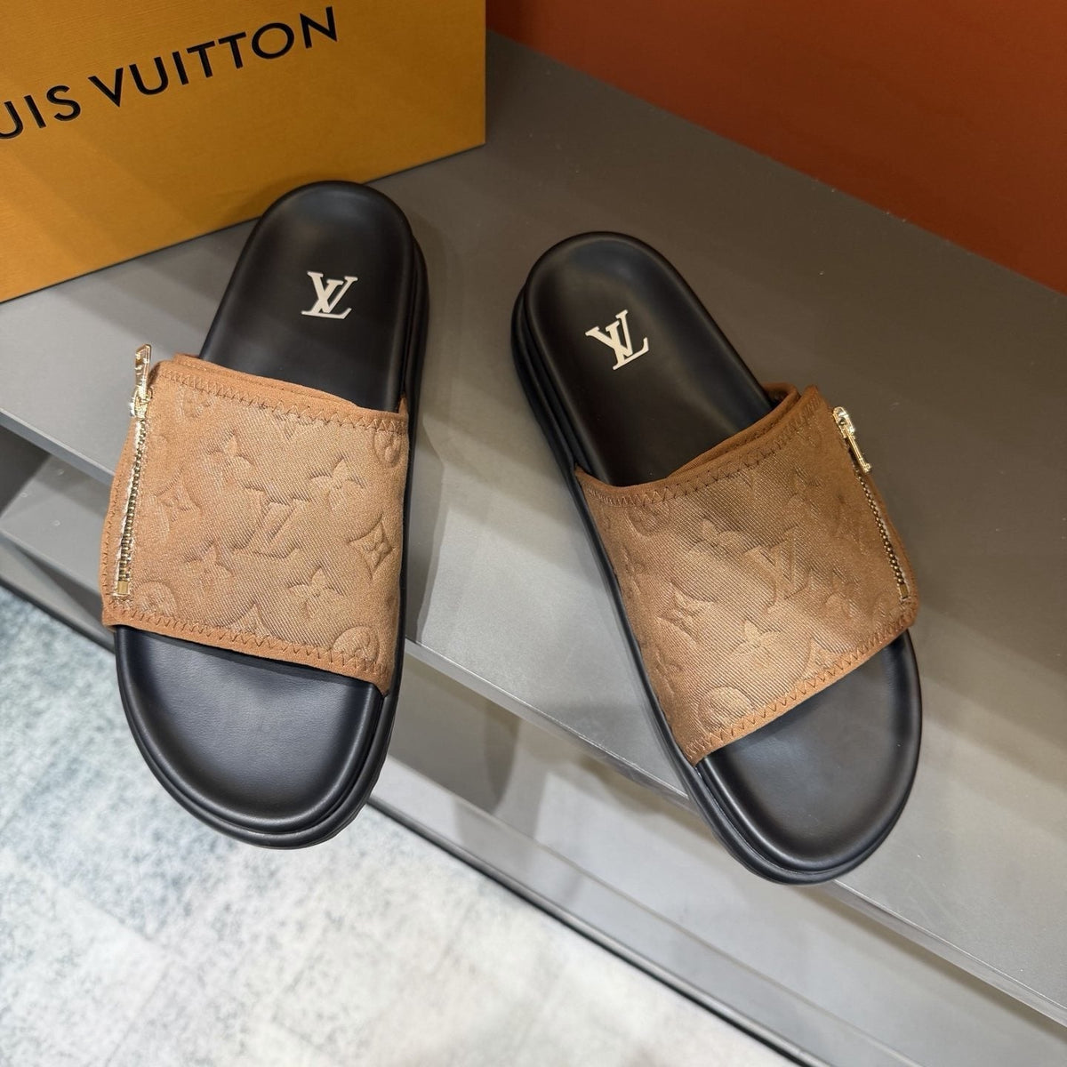 Louis Vuitton Embossed Zip Slide Sandals
